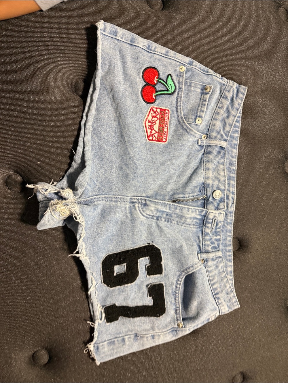Carbon Light Blue Denim Shorts with Cherry Patch